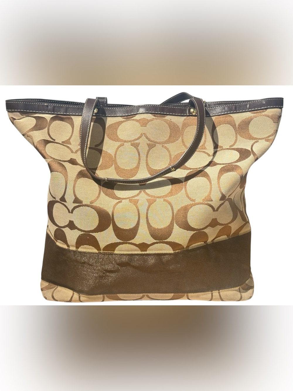 Coach Signature Stripe Tote Bag Brown Tan Jacquard Leather Trim